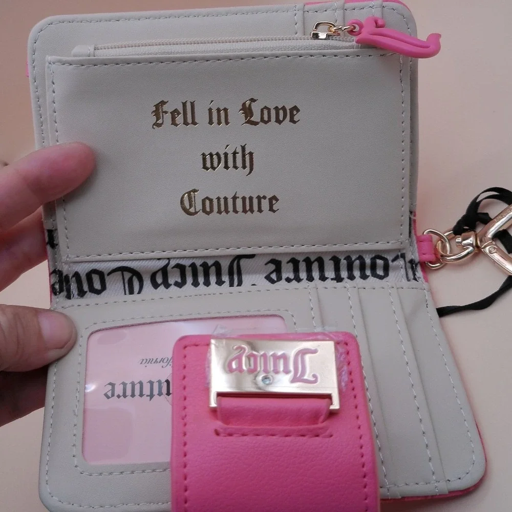 Juicy Couture Pink Lemonade Monogram Tab Card Wallet Y2K Heart Clip Keyring NEW